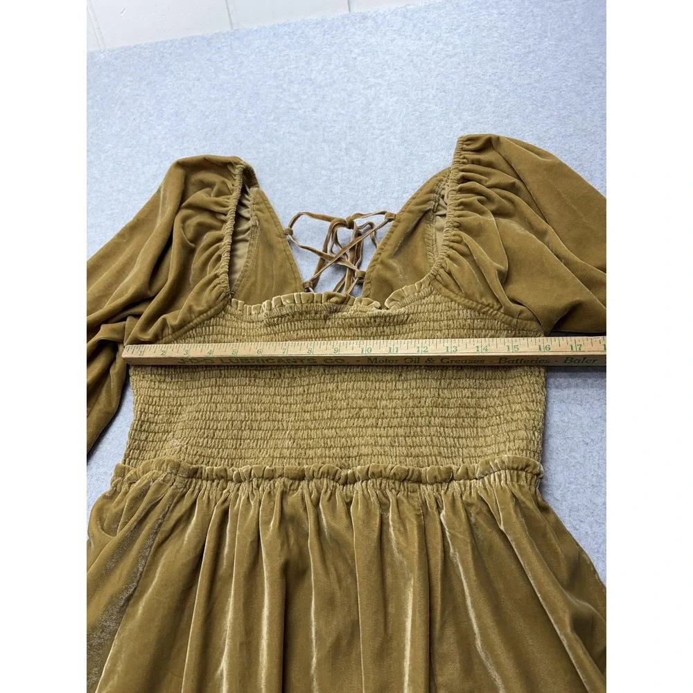 Free People Dress Womens Large Mustard Velvet Smocked Puff Sleeve Lace Up Back - Picture 7 of 15